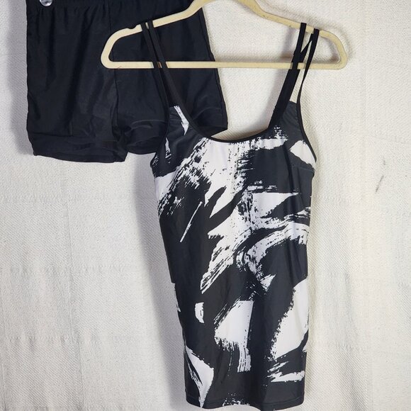 Rotita Black White Graffiti Print Poly Elastane Double Adj Straps Tankini Set SM - Picture 4 of 16